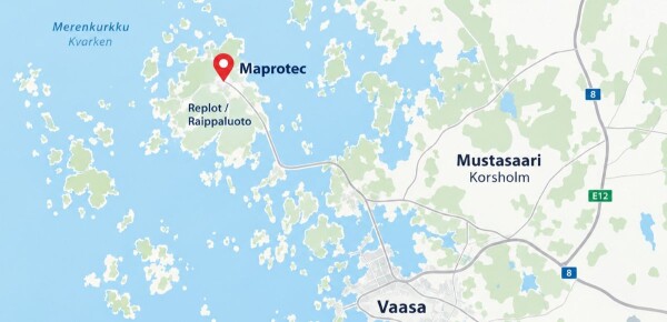 Maprotecin sijainti kartalla, Mustasaaren Raippaluodossa.